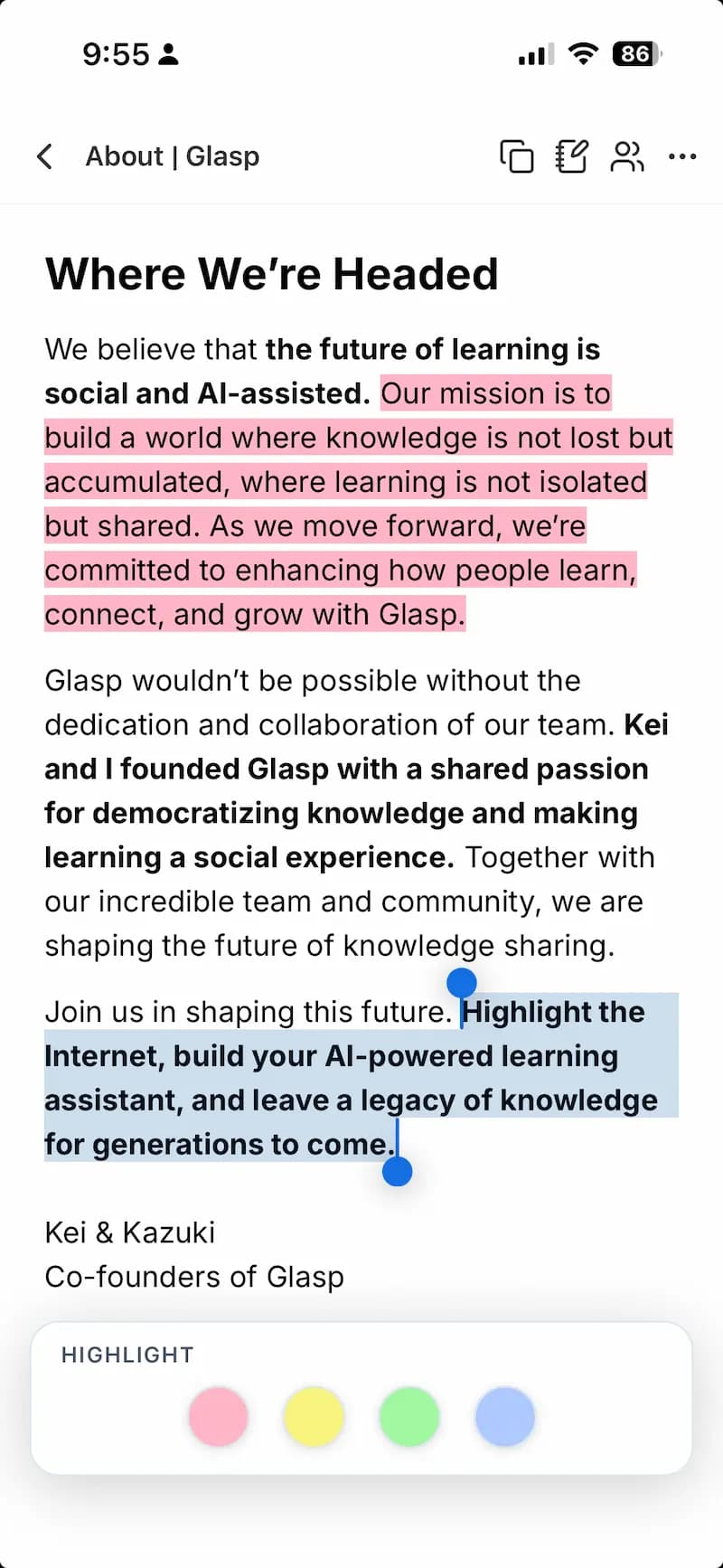 Highlighting an article in the Glasp mobile app