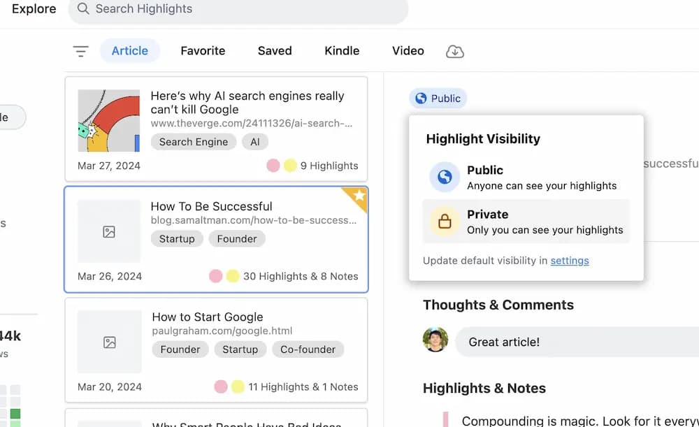 Select Public or Private for Your Highlights & Notes