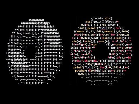 Donut-shaped C code that generates a 3D spinning donut thumbnail